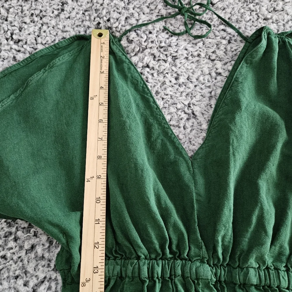 Zara Green Jumpsuit XS Rustic Linen Blend Wide Leg V-Neck Tie Back Short Sleeve